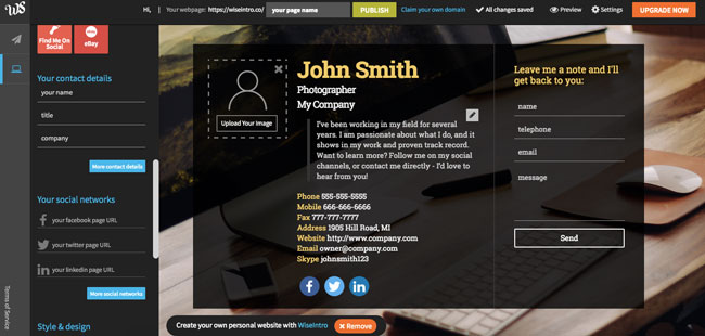 WiseIntro Create your FREE WebPage Now” button