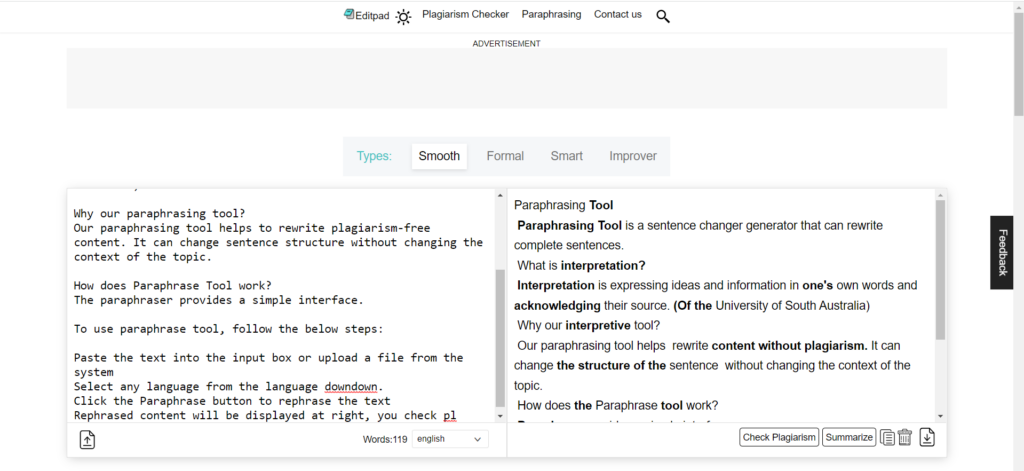 editpad paraphrasing tool