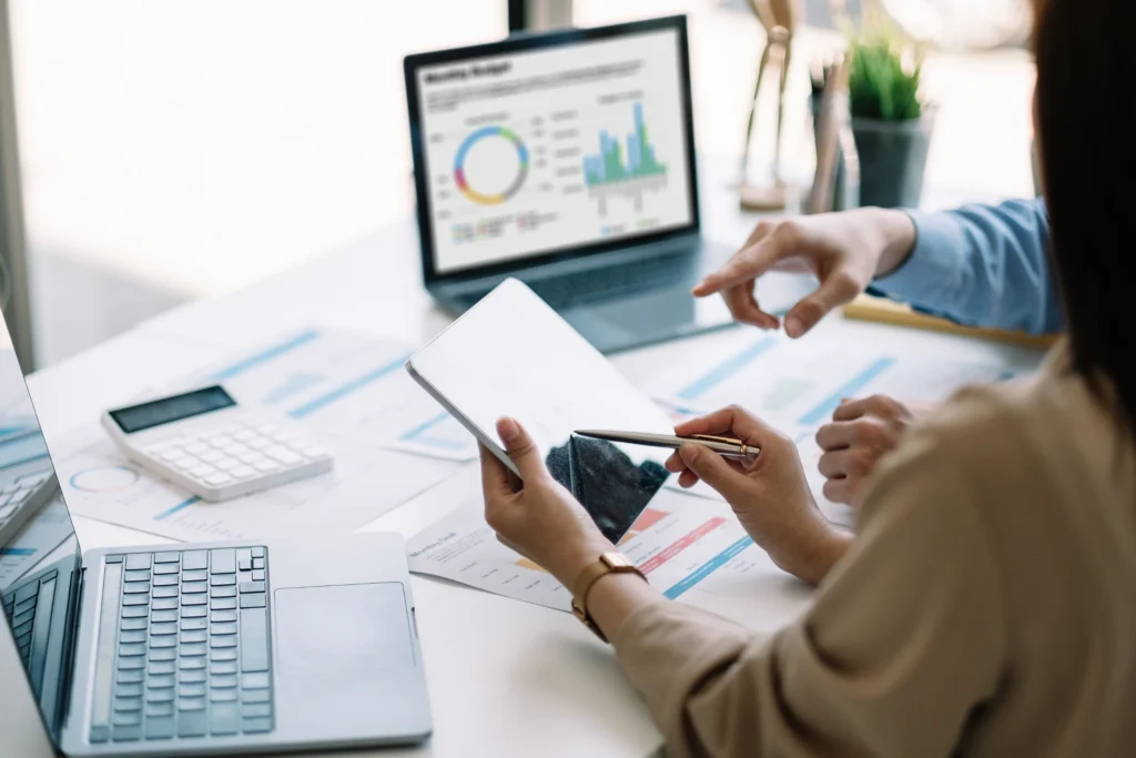 business plan: entrepreneurs reviewing data