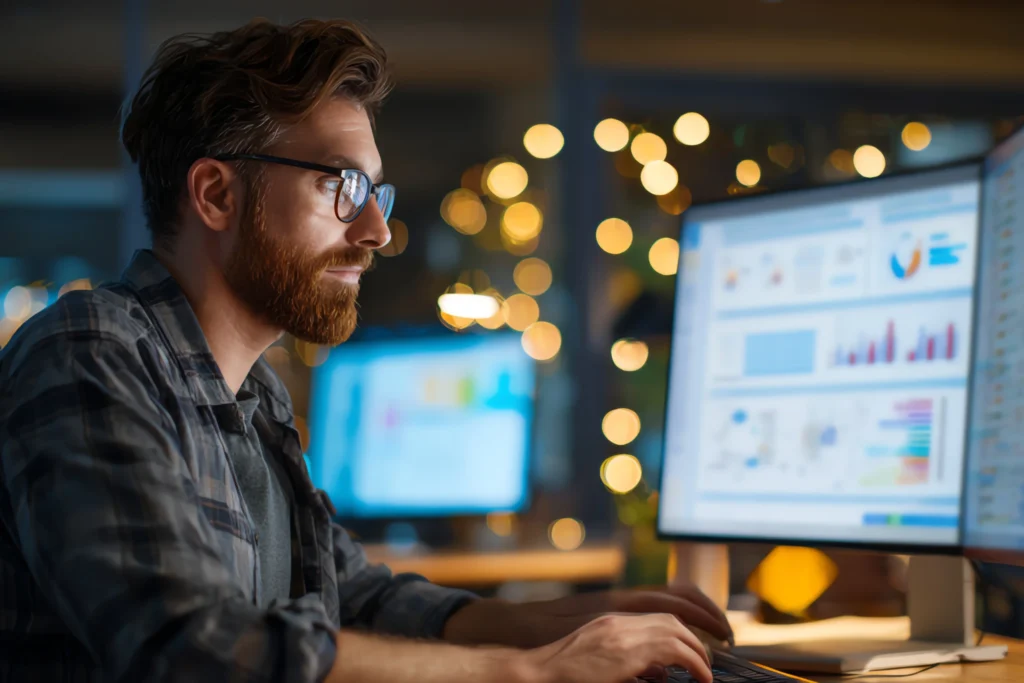 ERP system entrepreneur looking at tables and charts