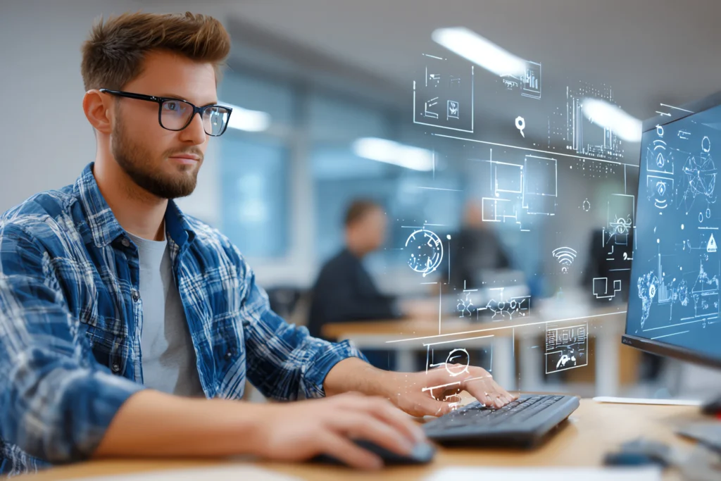 ERP system entrepreneur looking at tables and charts